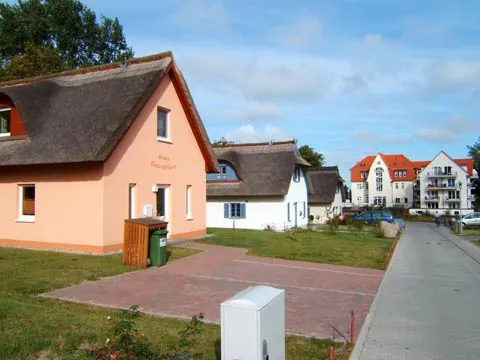 Straßenansicht des Reetdachhauses mit Zufahrt und Stellplätzen
