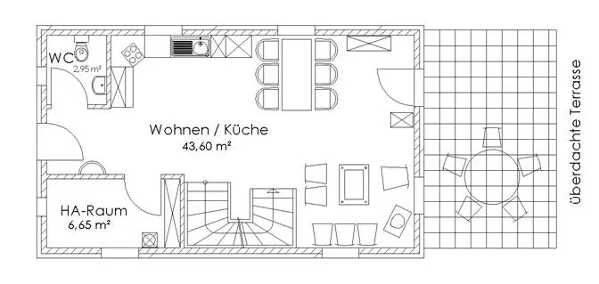 Grundriss Erdgeschoss: Wohnen und Küche 43,60 qm, Hausanschlussraum 6,65 qm, Gäste-WC 2,95 qm und überdachte Terrasse