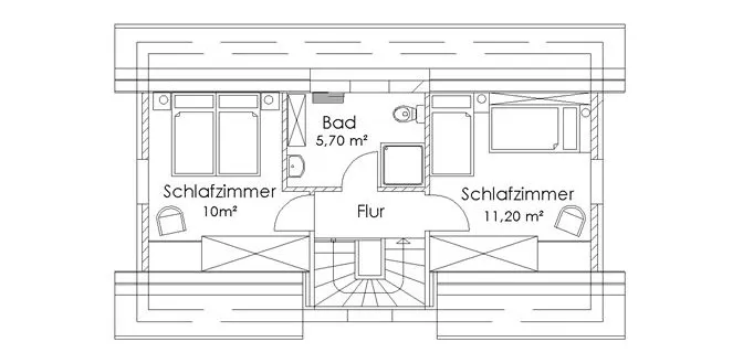 Grundriss Dachgeschoss: Schlafzimmer 11,20 qm und 10 qm, Bad 5,70 qm, Flur