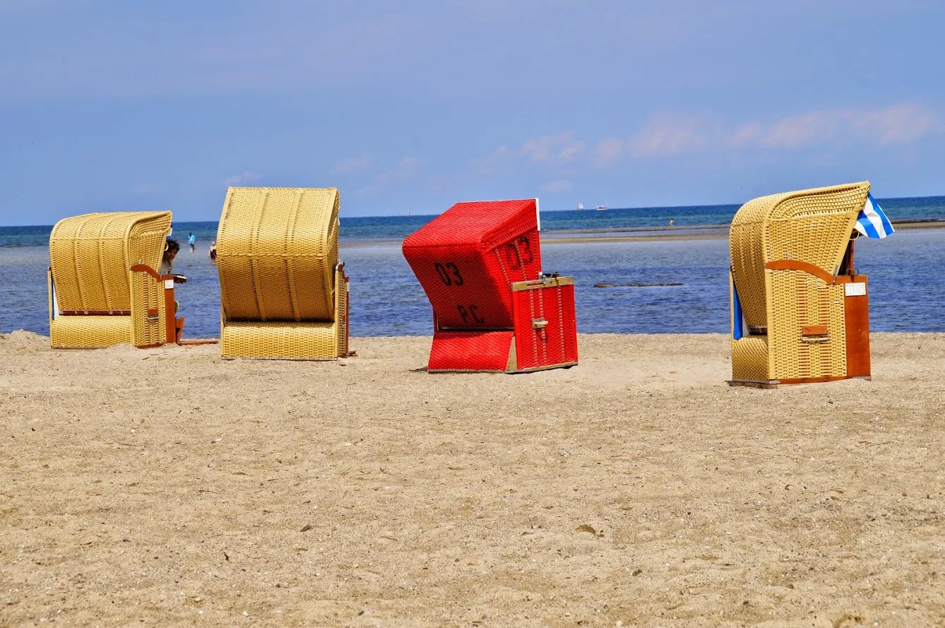 Bunte Strandkörbe am feinsandigen Ostseestrand im Schwarzen Busch